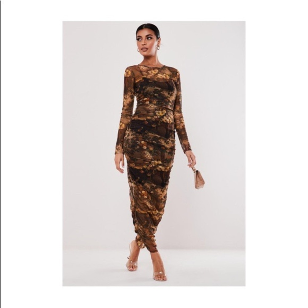 dark floral ls ruched mesh midi dress Missguided